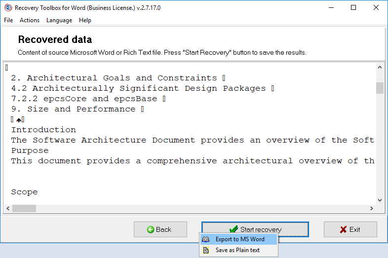 عرض المعلومات المسترجعة من مستند أو قالب Microsoft Word التالف